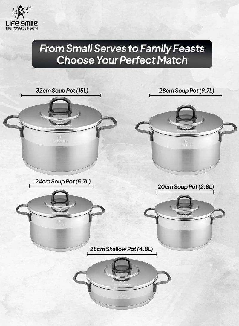 Life Smile Stainless Steel Cookware Set with Lids | 20cm, 24cm, 28cm & 32cm Soup Pots + 28cm Shallow Pot-Multi-Size Cooking Pots - Image 3